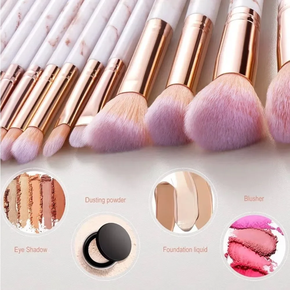 New 15-Piece Marble Handle Makeup Brush Set in Pink and Rose Gold